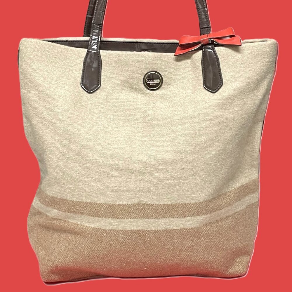 COACH Beige Cream Tote Bag Cozy Wool Leather 24665 Red Bow **EUC** RUSTIC CHIC!!
